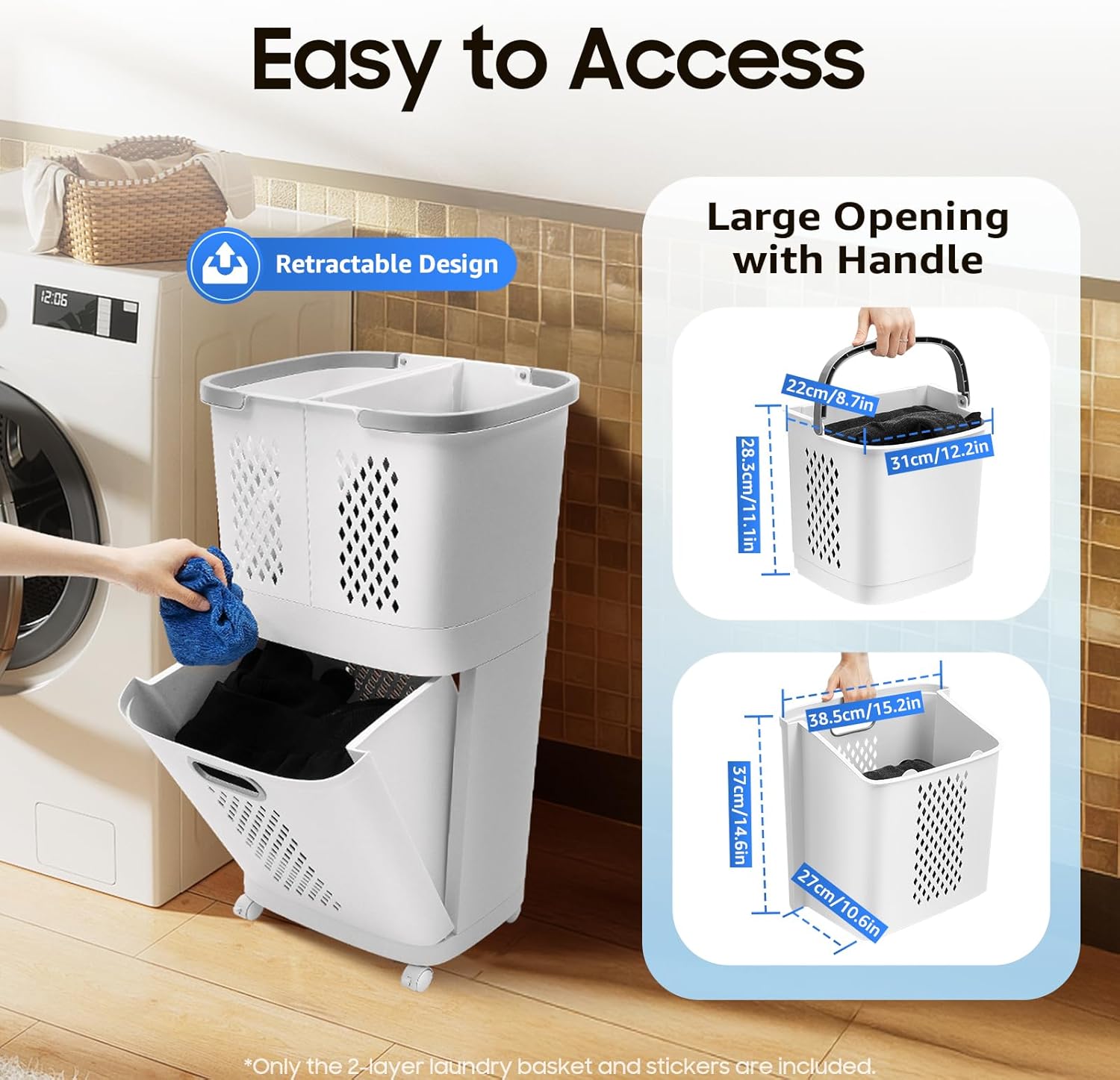 Movable Household Laundry Basket,2 Tier Laundry Hamper Basket Sorter with Wheels&Handle,Large Hand-Held Laundry Basket Clothes Storage Organizer for Bathrooms Bedrooms - NestledHome