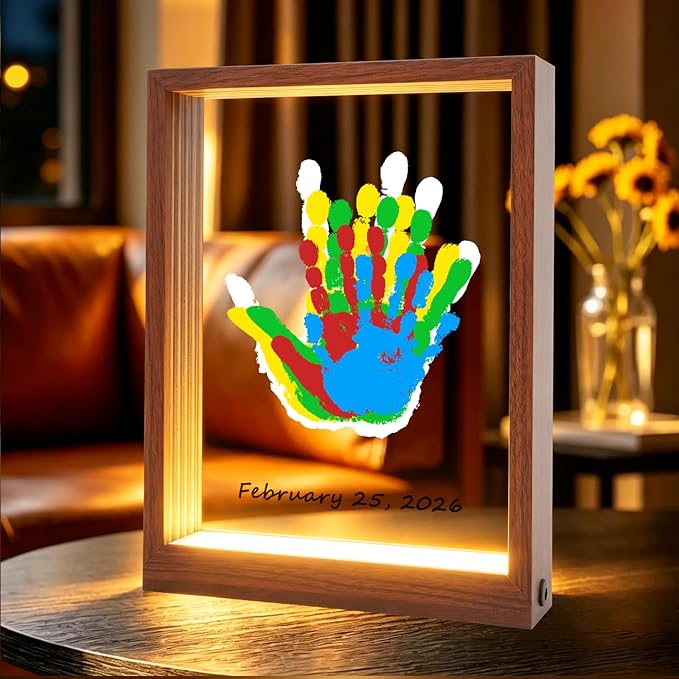 Bixinyo Family Handprint Kit with Light, Baby Hand and Footprint Keepsake Wooden Frame, Family Gifts for Mom, New Parents, Mother's Day, Adoption Gifts, 5 Non-Toxic Paints (Light, Maroon)