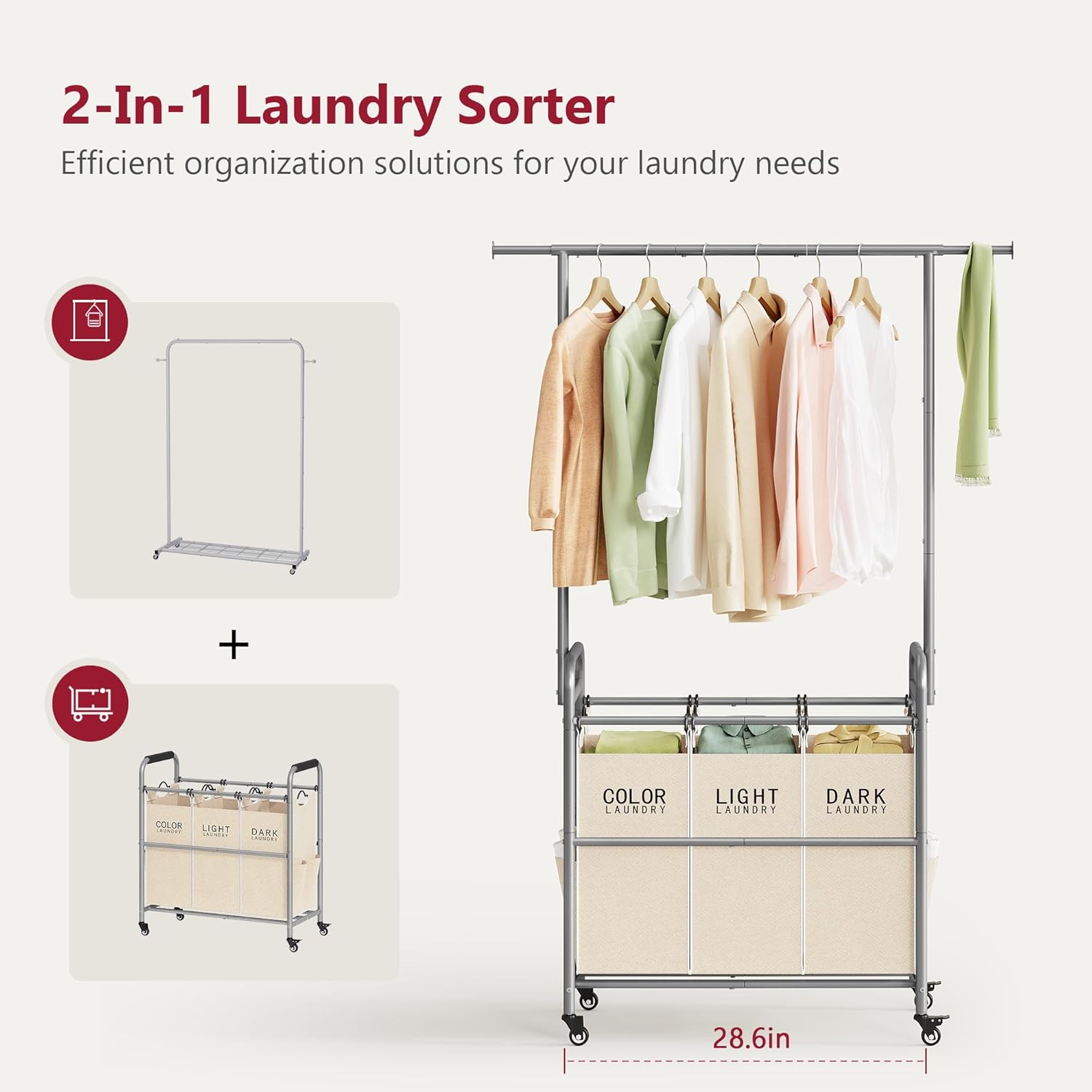 Tajsoon Laundry Hamper with Hanging Rack, 3 Section Laundry Sorter with Heavy Duty Lockable Wheels, Laundry Basket Organizer for Dirty Clothes Storage, 3 Beige - NestledHome