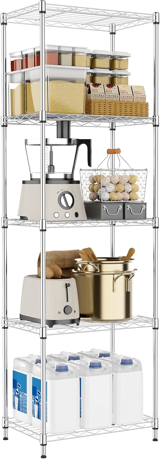 5 Tiers Shelf Metal Storage Shelves Wire Rack Closet Organizers with Wheel for Garage Kitchen Bathroom Laundry Chrome 11.8" D x 17.7" W x 55" H - NestledHome