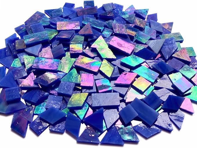 Magic Iridescent Blue Stained Glass Mosaic Tiles, 280 Pieces Mixed 4 Shapes Mosaic Glass Pieces for Crafts and Mosaic Making Projects