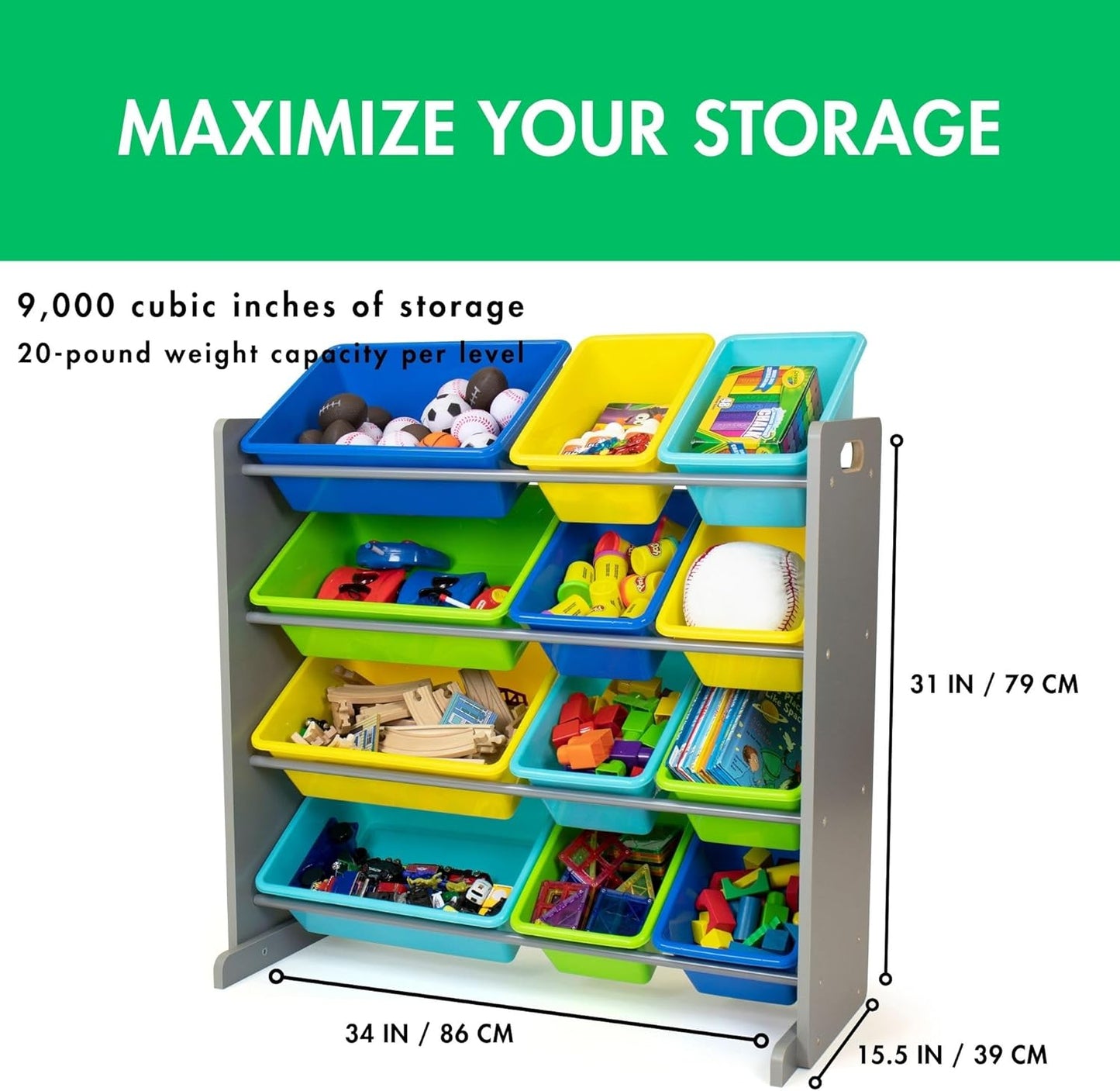 Humble Crew Kids Toy Storage Organizer with 12 Plastic Bins, Grey/Blue/Green/Yellow – Removable Bins for Playroom, Bedroom, Toddler Furniture for Boys and Girls Ages - NestledHome