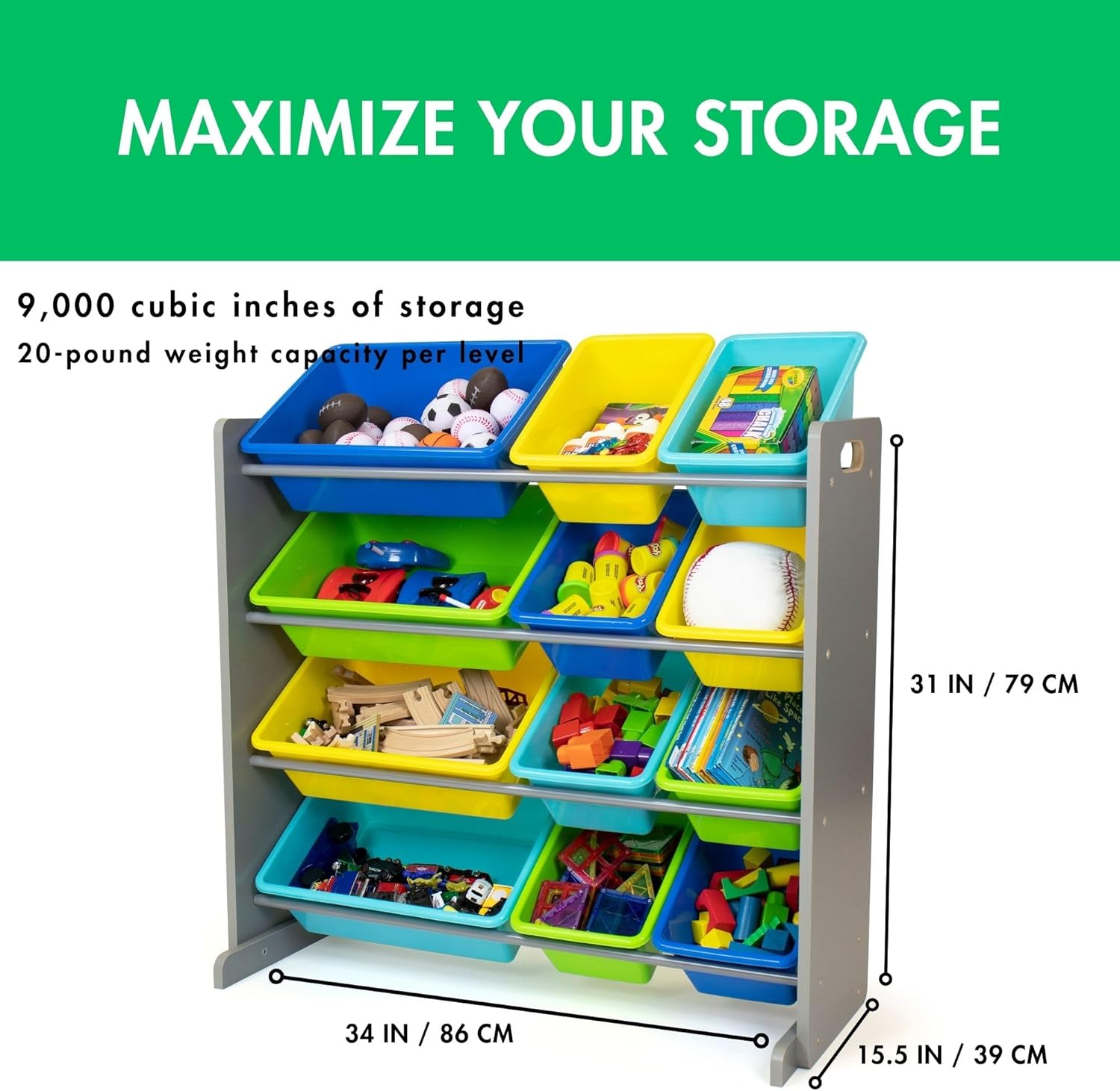 Humble Crew Kids Toy Storage Organizer with 12 Plastic Bins, Grey/Blue/Green/Yellow – Removable Bins for Playroom, Bedroom, Toddler Furniture for Boys and Girls Ages - NestledHome