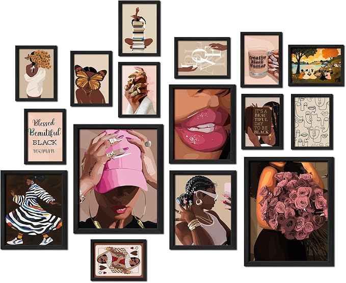ANERZA 16 PCS Black Girl Wall Art Decor, African American Gallery Wall Prints for Bedroom, Black Woman Posters for Living Room Aesthetic, Black People Collage Kit Pictures, Pink and Black Dorm Home Decor