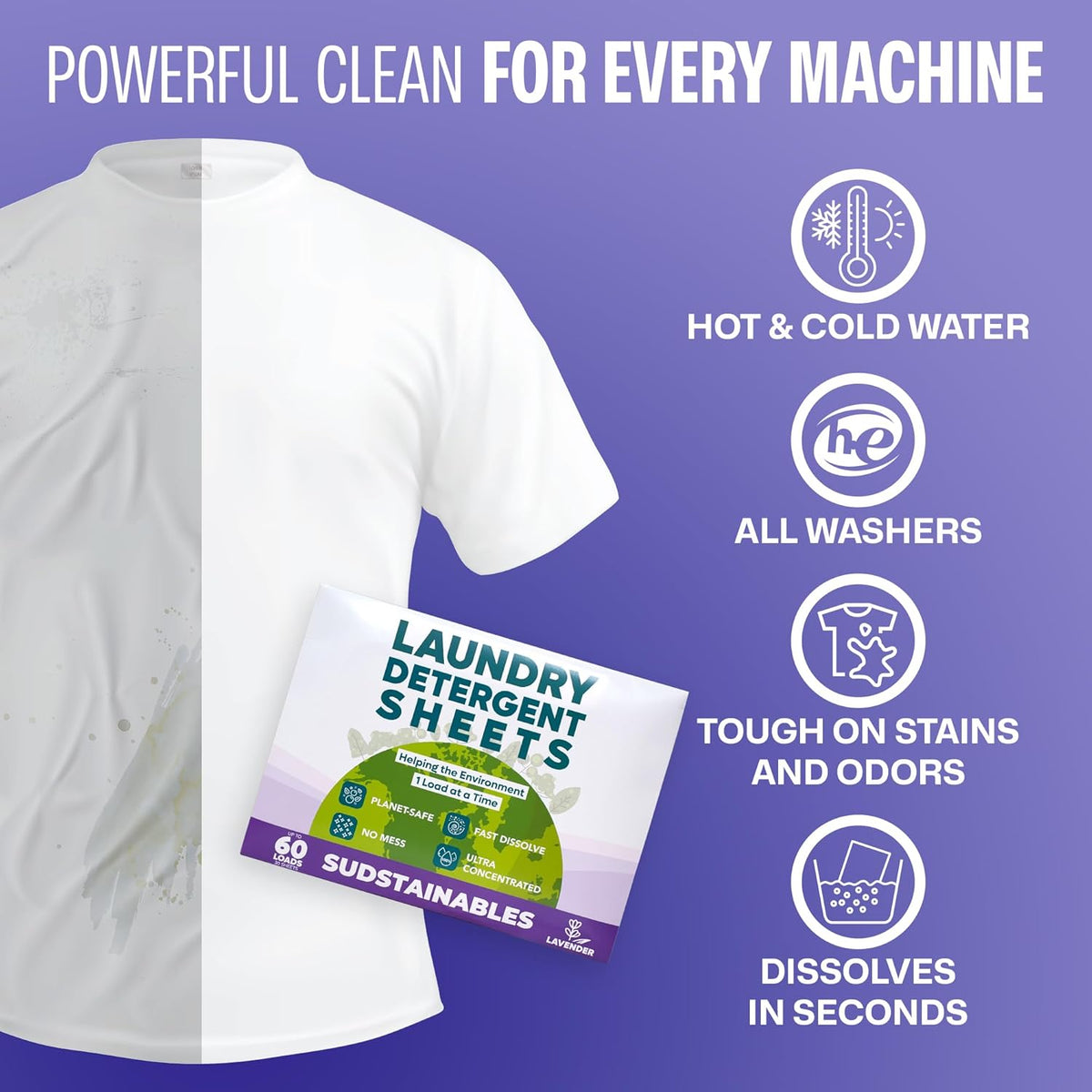 Sudstainables Laundry Detergent Sheets (60 Loads) – Eco-Friendly, Zero Waste, Plastic-Free Laundry Washing Machines Soap Sheets; Dissolvable, Space-Saving Strips for Travel (Lavender) - NestledHome