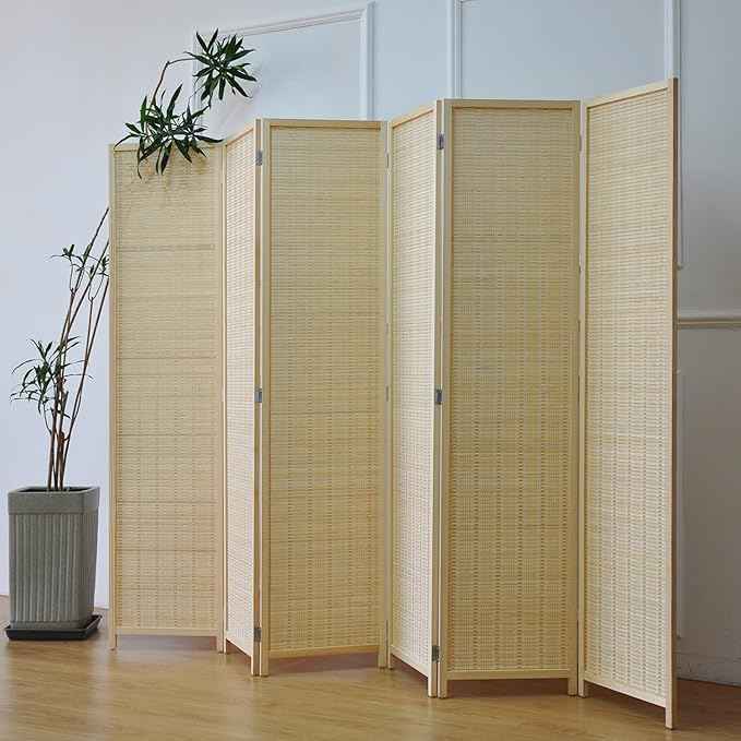 6 Panel Bamboo Room Divider – 5.6 ft Tall Folding Privacy Screen, Natural Beige Freestanding Room Partition Wall (67" x 92.1", 6-Panel)