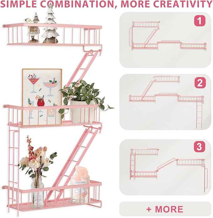 Fire Escape Shelf - Pink Wall Decor Floating Shelves, Cute Metal Ladder Shelving for Bedroom, Home Decor Display (3-Tier)