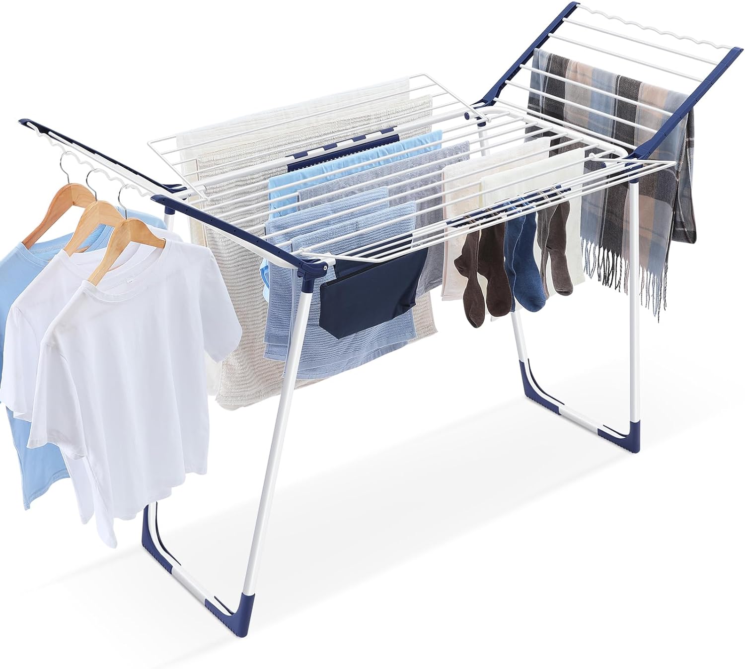 APEXCHASER Clothes Drying Rack Foldable, Drying Rack Clothing Large Space, Winged Laundry Rack with Sock Clips for Hanging Towels Clothes Dress Bedding Indoor Outdoor, White - NestledHome