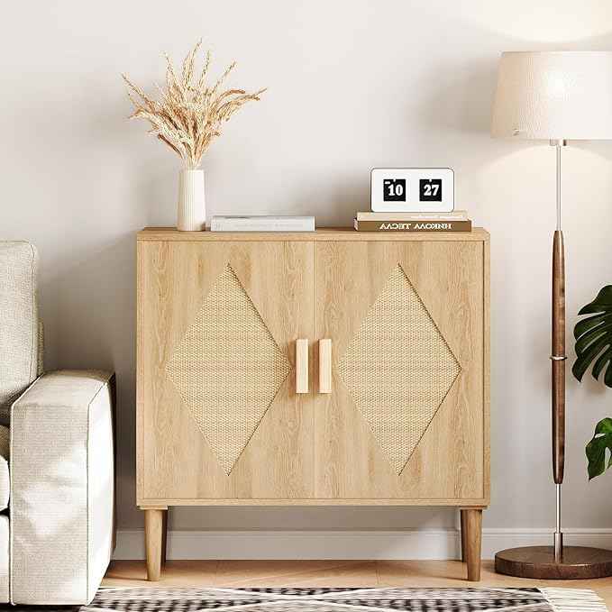 GarveeHome Buffet Cabinet with Storage, Storage Cabinet with 2 Rattan Decorated, Sideboard Cabinets, Accent Cabinets for Living Room, Dining Room, Entryway, Natural