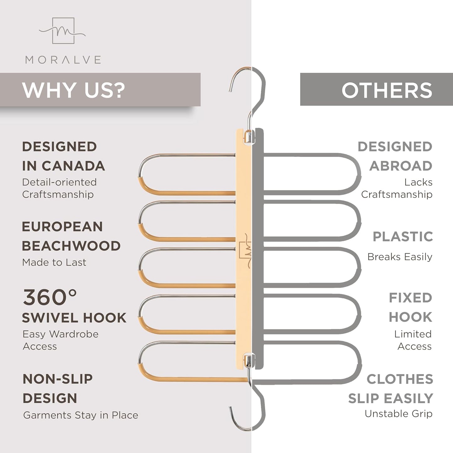 MORALVE Pants Hangers Space Saving - 2 Pack European Beechwood Scarf and Jean Hangers - Closet Organizer and Space Saver Pant Rack, Leggings Hanger, and Scarf Holder with 360° Swivel Hook - NestledHome