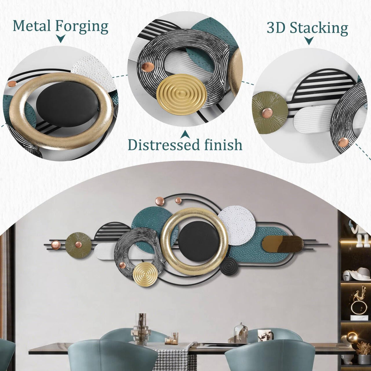 Wall Art Decor Large Metal Wall Art Modern Geometric Circular Decor 59"x21" Wall Sculptures Wall Hanging Decoration for Living Room Dinning Room Bedroom Entryway Kitchen