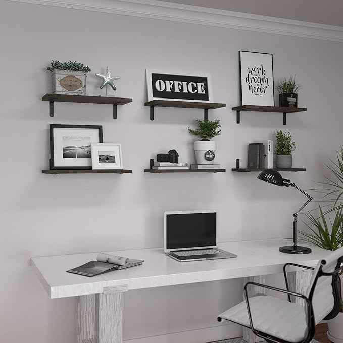 WOPITUES Wood Floating Shelves Set of 6, Shelves for Wall Decor, Farmhouse Shelf for Bedroom, Bathroom Storage Shelves, Book Shelves for Living Room, Dark Brown