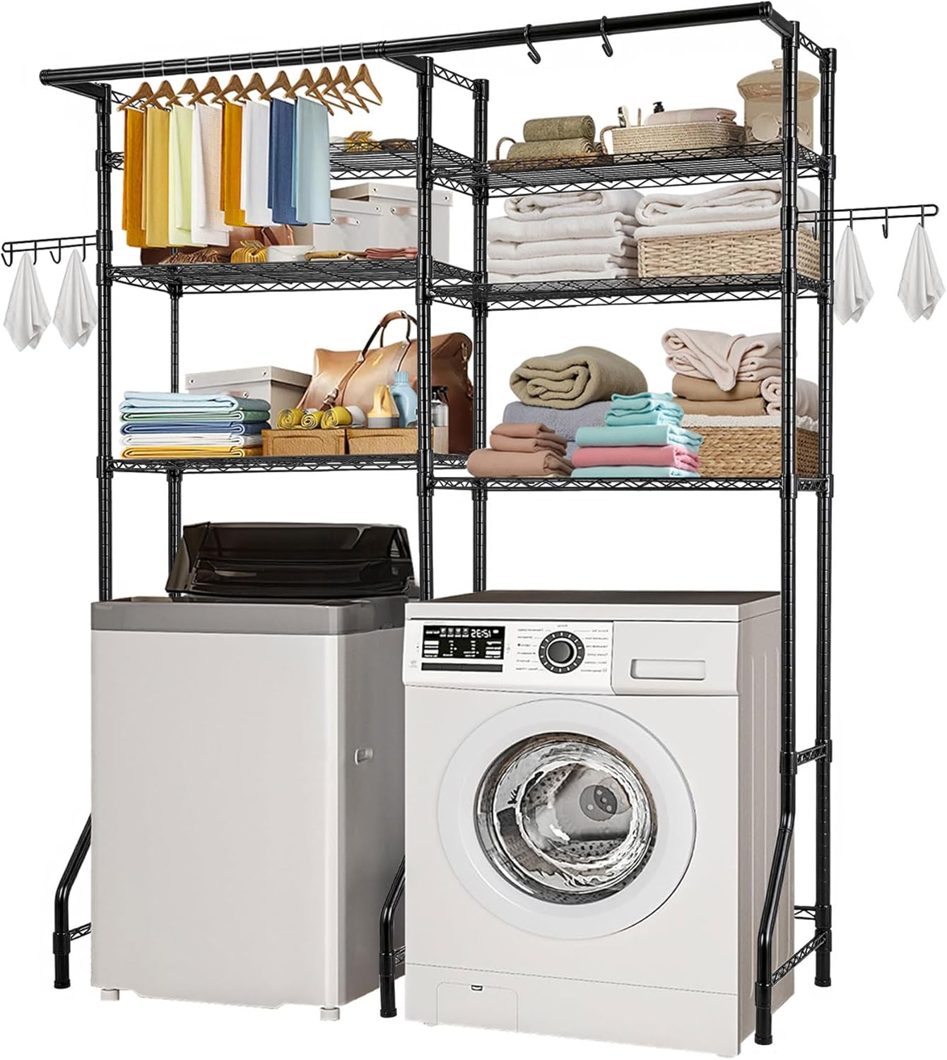 VEVOR Over The Washer and Dryer Storage Shelf, 6 Tier Laundry Room Drying Rack with Hanger Rod and Hooks, Adjustable Over Washer and Dryer Shelves, Laundry Room Shelf Storage Space Saver, Black - NestledHome