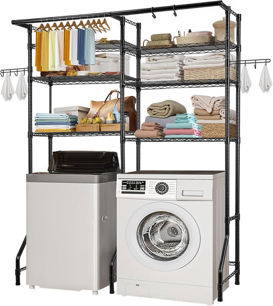 VEVOR Over The Washer and Dryer Storage Shelf, 6 Tier Laundry Room Drying Rack with Hanger Rod and Hooks, Adjustable Over Washer and Dryer Shelves, Laundry Room Shelf Storage Space Saver, Black - NestledHome