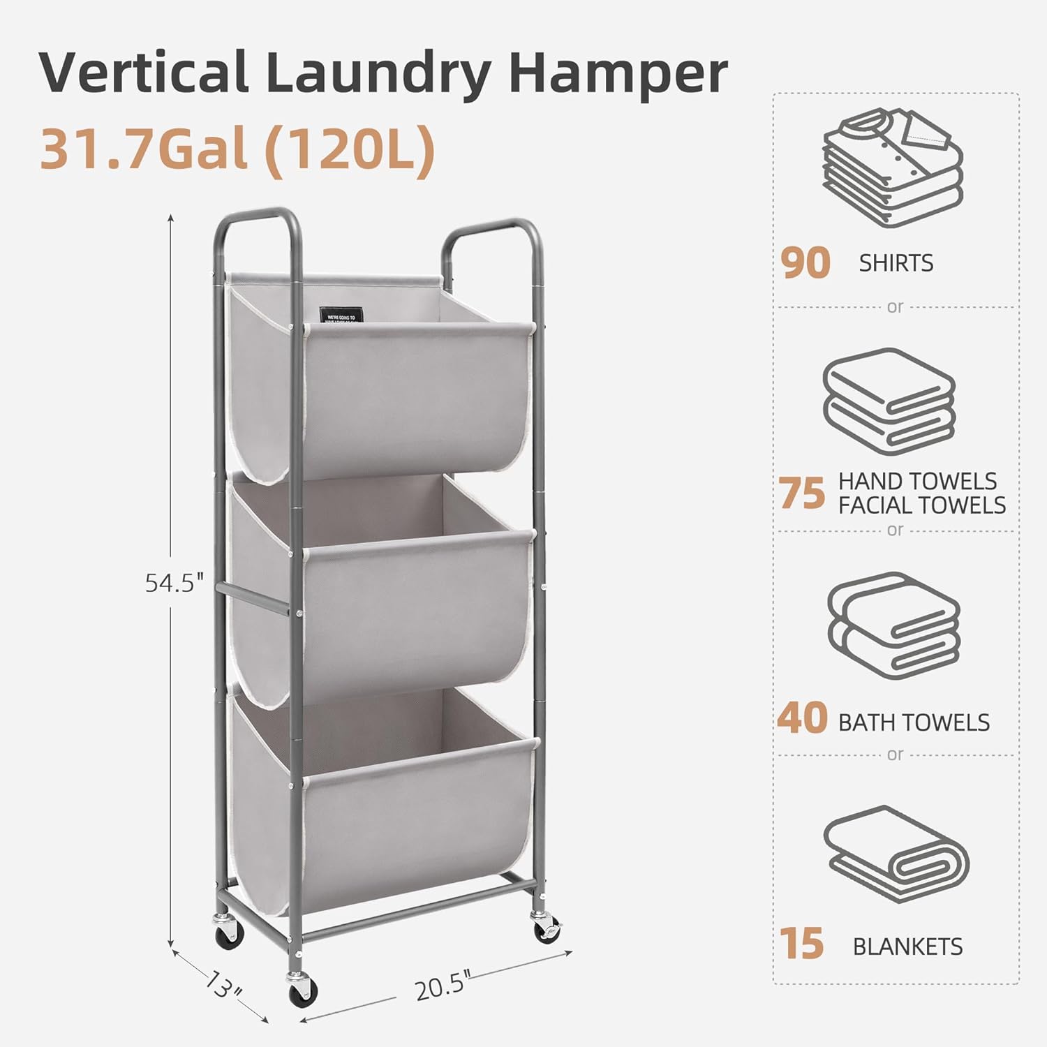 STORAGE MANIAC 120 Liters Vertical Rolling Laundry Hamper, 3 Section Laundry Sorter with Wheels and 2 Breaks, 3-tier Laundry Baskets for Small Space, Dorm, Laundry Room, Closet, Bathroom, Gray 3-tier - NestledHome