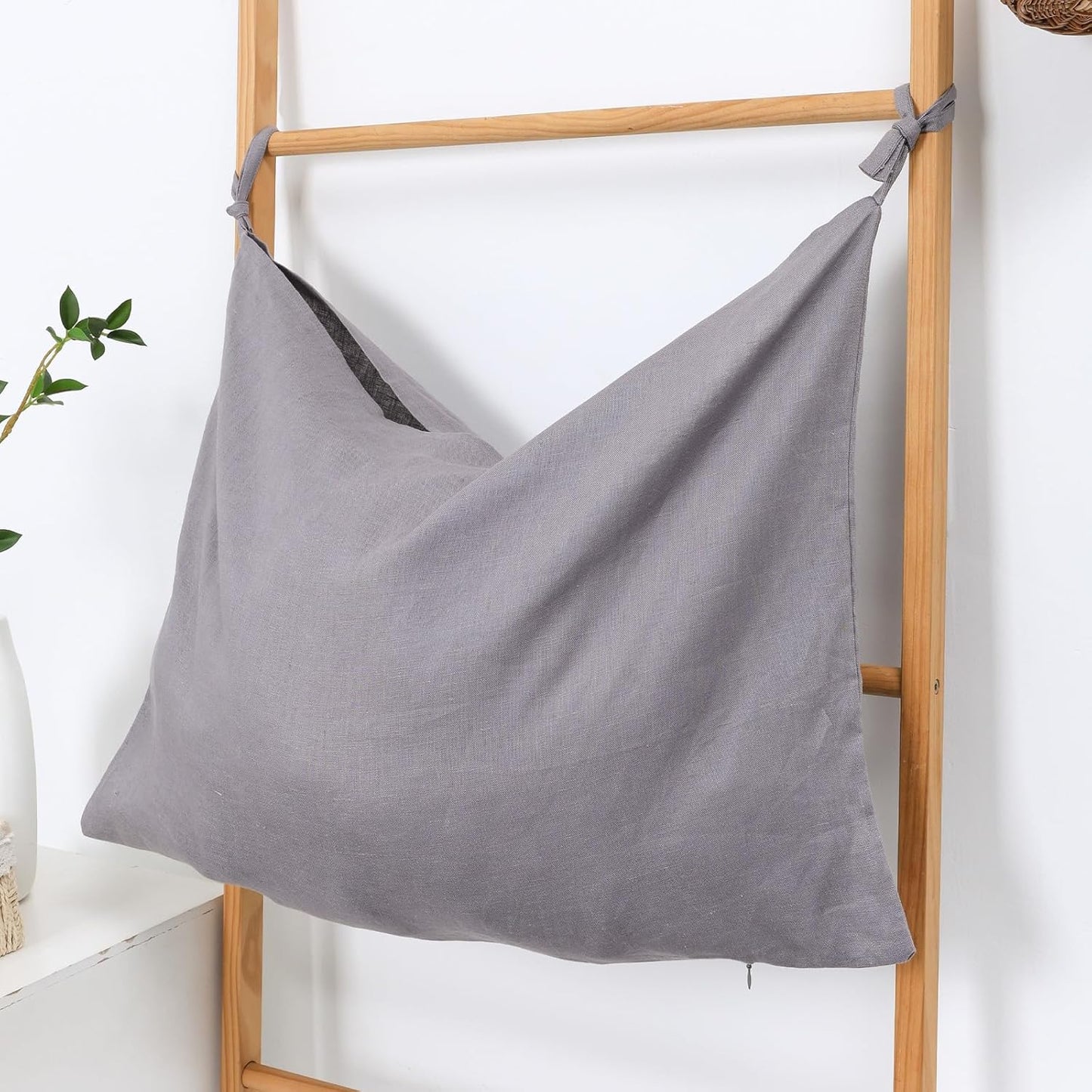 Hanging Linen Laundry Bag, 100% Pure Flax Linen Over The Door Hamper with Bottom Zipper for Laundry Room, Household Dirty Cloth Storage Organizer Bag, Gray - NestledHome