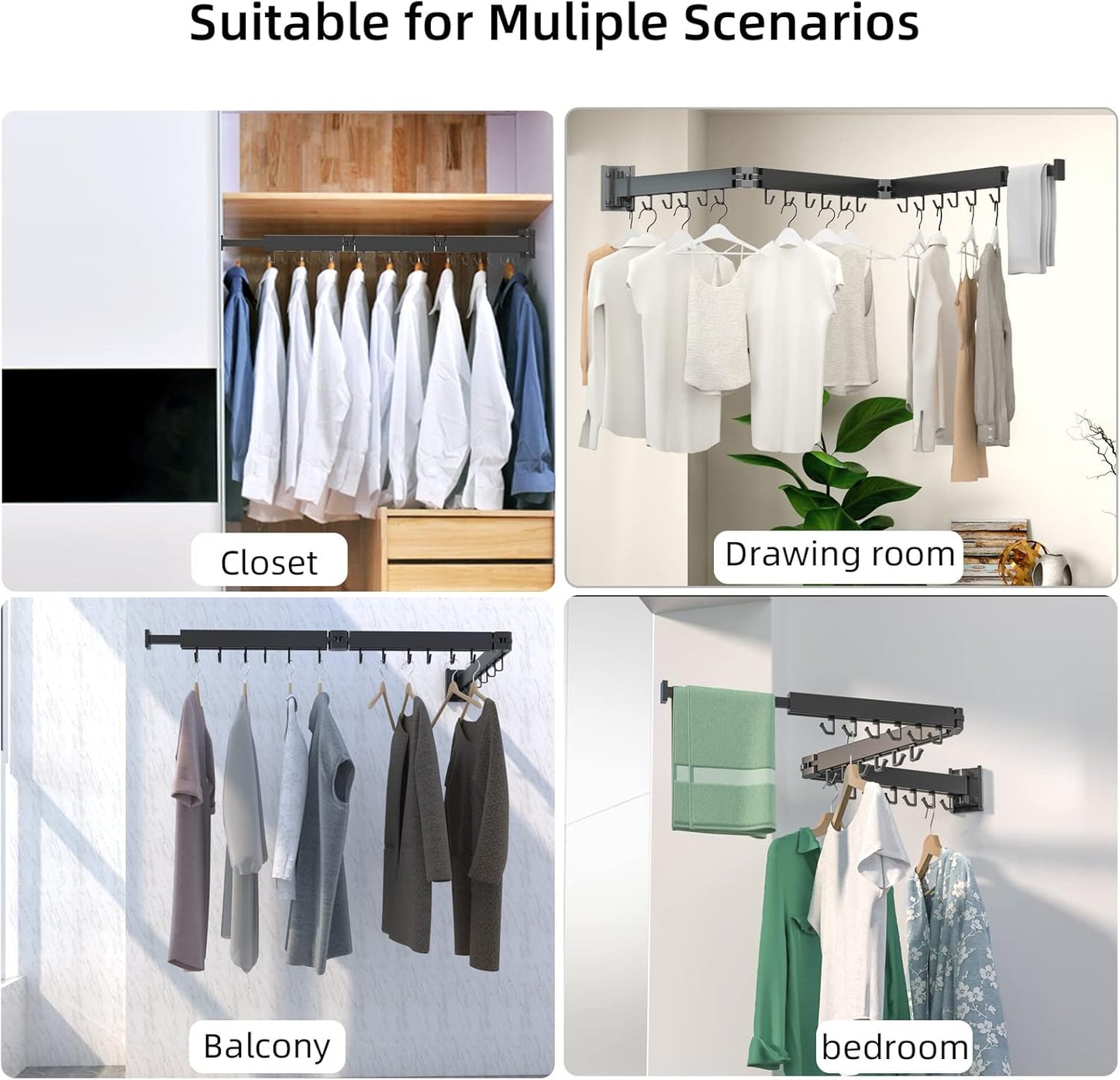 Wall Mount Clothes Drying Rack, 2-Fold Foldable & Sturdy Laundry Drying Rack Wall Mounted, [No Drilling] Space Saver for Laundry, Balcony, Bathroom, Patio, Dormitory, Apartment-Black - NestledHome