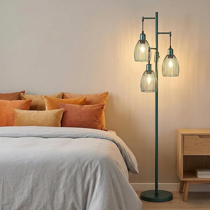 Dimmable Industrial Floor Lamps for Living Room, Green Tree Standing Tall Lamps with 3 Elegant Teardrop Cage Head & 800 Lumens LED Bulbs for Bedroom Office