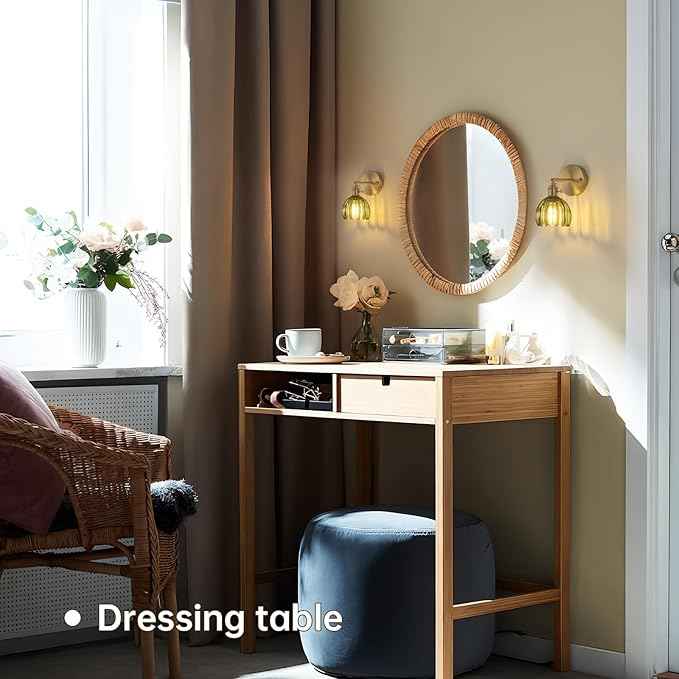 Vintage Wall Sconces with Green Tulip Glass Lampshade 180 Degree Adjustable Brass Sconces Hradwired Modern Wall Lighting Fixture with Switch for Bedside Bedroom Doorway