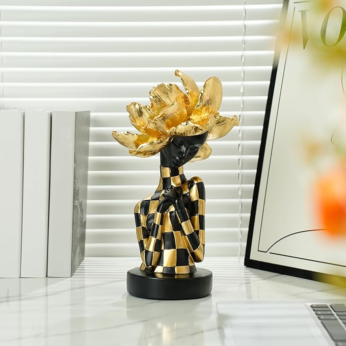 African Woman Sculpture with Golden Flower Headpiece – Black and Gold Resin Figurine for Home Decor, Elegant African Lady Statue, Modern Ethnic Art Ornament, Gift for Women