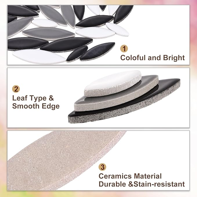uxcell Ceramic Mosaic Tile, About 200g Teardrop Leaf Tile Mosaic Block for Handicrafts Artwork, Black/White/Gray
