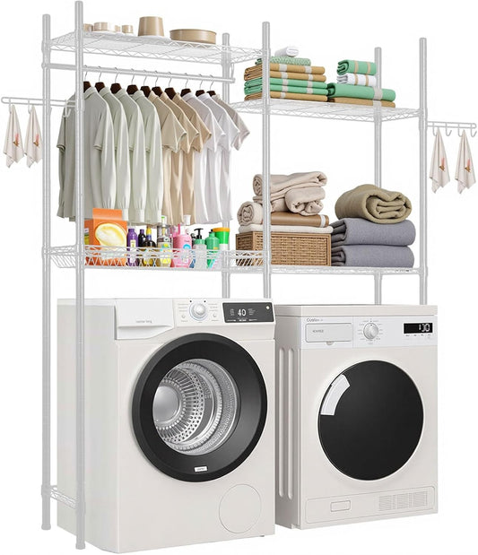 VEVOR Over The Washer and Dryer Storage Shelf, 4 Tier Laundry Room Drying Rack with Hanger Rod and Hooks, Adjustable Over Washer and Dryer Shelves, Laundry Room Shelf Storage Space Saver, White - NestledHome
