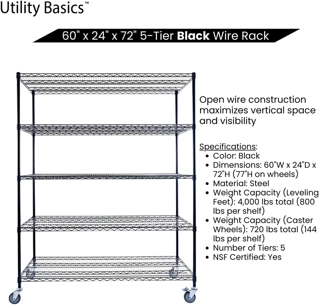60"x24"x72" Black 5-Tier Premium Metal Wire Shelving NSF 4000 LBS MAX Capacity Heavy Duty Steel Storage Rack for Warehouse, Garage, Hospital, Commercial Space & School w/Premium Wheels - NestledHome