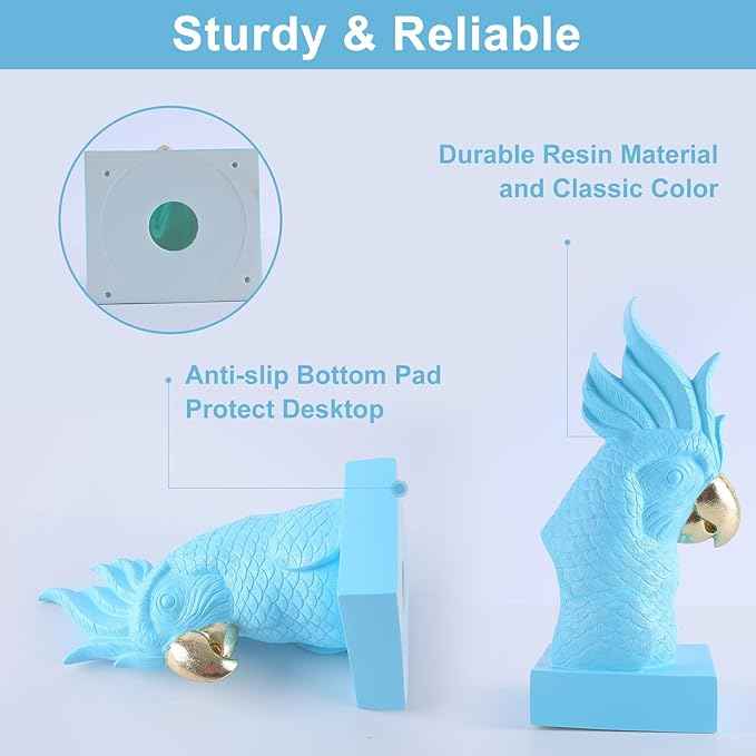 Blue Parrot Decorative Bookends,Set of 2 Cute Bird Animal Sculpture Book Ends to Hold Hevay Duty Books,Unique Resin Statues Book Stopper for Home Office Desk Bookshelf Decor