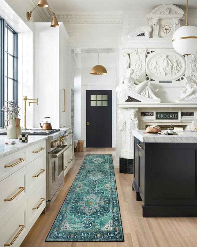 Moynesa Ultra-Thin Washable Runner Rug - 2'6" x 10' Teal Runners for Hallways Stair Carpet Runner, Oriental Non Skid Non Shedding Low Pile Kitchen Mat for Bedroom Mudroom Hardwood Floor