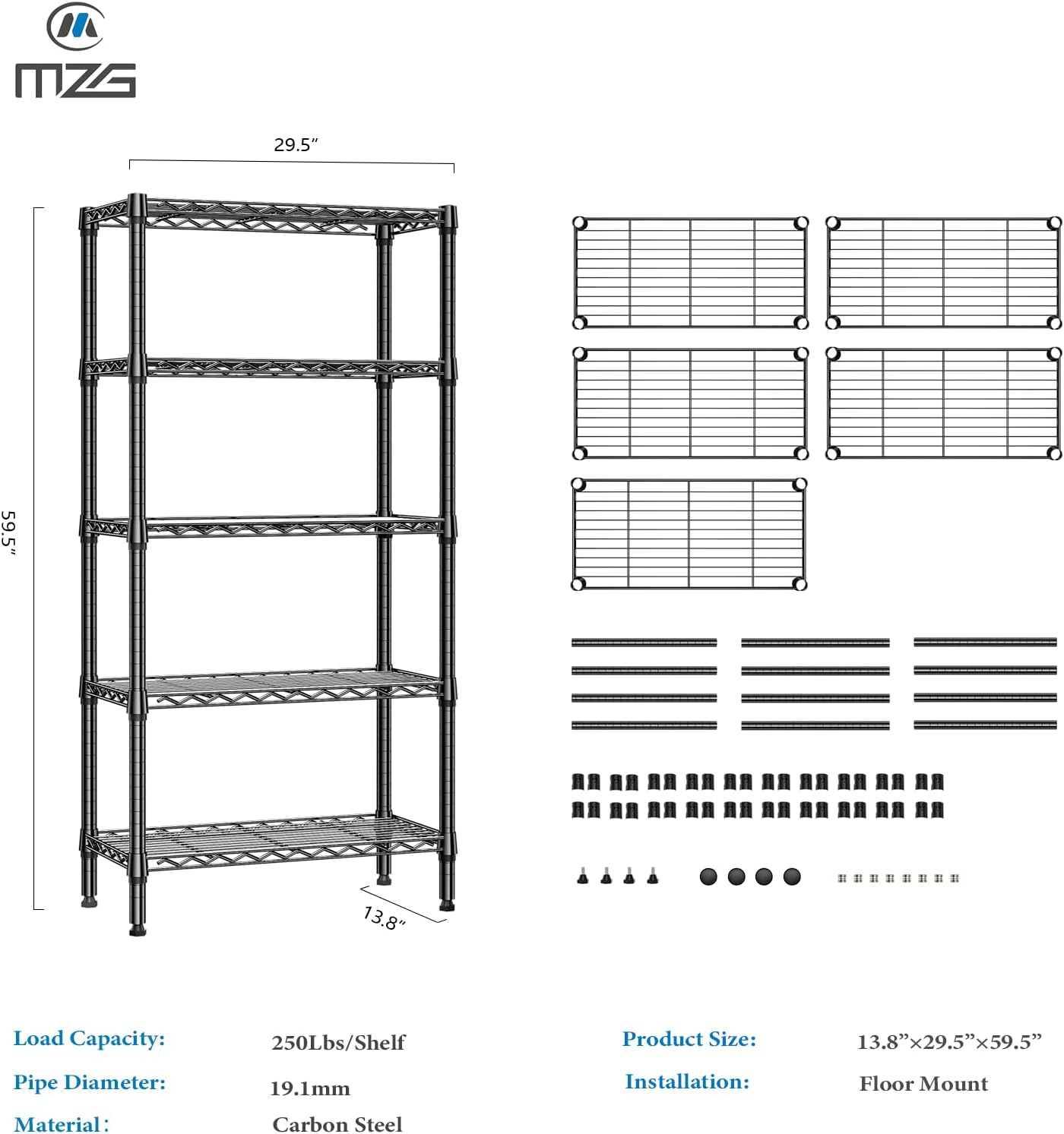 1250 lbs 5 Tier Shelf Metal Storage Shelves Shelving Wire Rack Heavy Duty Closet Organizers for Garage Kitchen Bathroom Laundry Black 13.8" D x 29.5" W x 59.5" H - NestledHome
