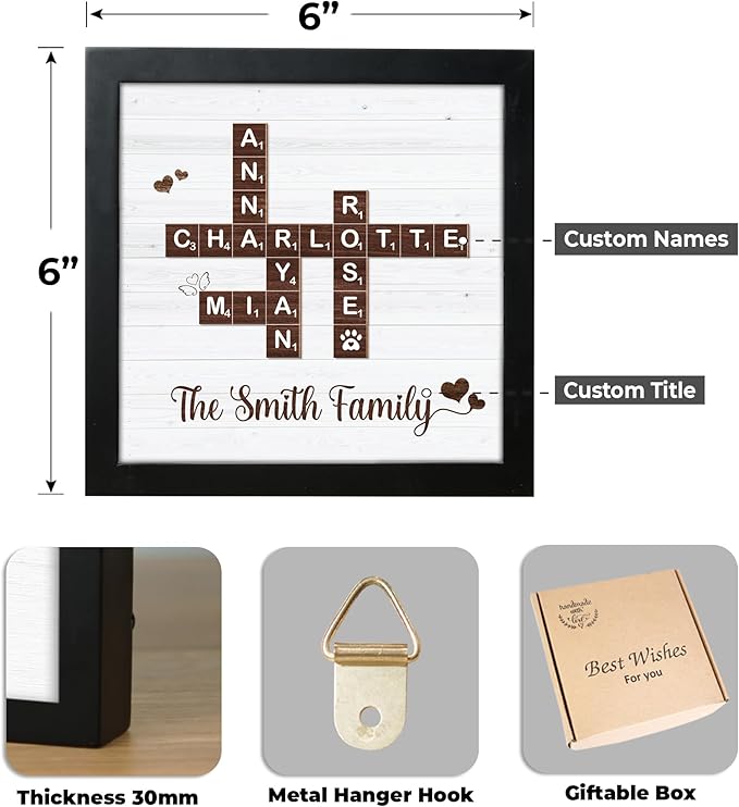 Personalized Family Name Crossword Scrabble Wooden Framed Wall Art Decor Living Room Customized Letters Puzzle for Gift for Lovers, Valentine's Day, Christmas, Birthday, Anniversary