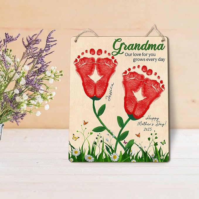 DIY Custom Baby Footprint Flowers Art Craft Gifts for Grandma, Mothers Day Footprints Sign, Grandkid Toddler Foot Print Keepsake Mother's Day Birthday for Nana Gifts, Our Love for You Grows Every Day