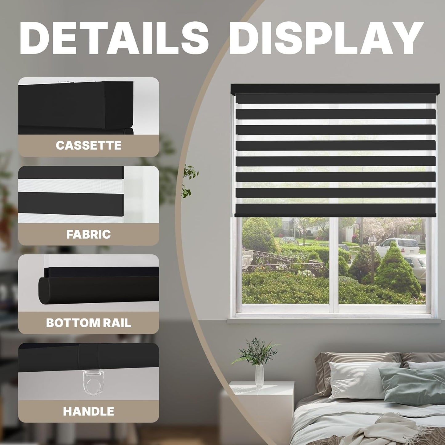 HESTIA Cordless Zebra Blinds Light Filtering Roller Shades UV Blocking Blackout Privacy Indoor Window Shades for Home Office Day and Night, Black,37" W x 48" H