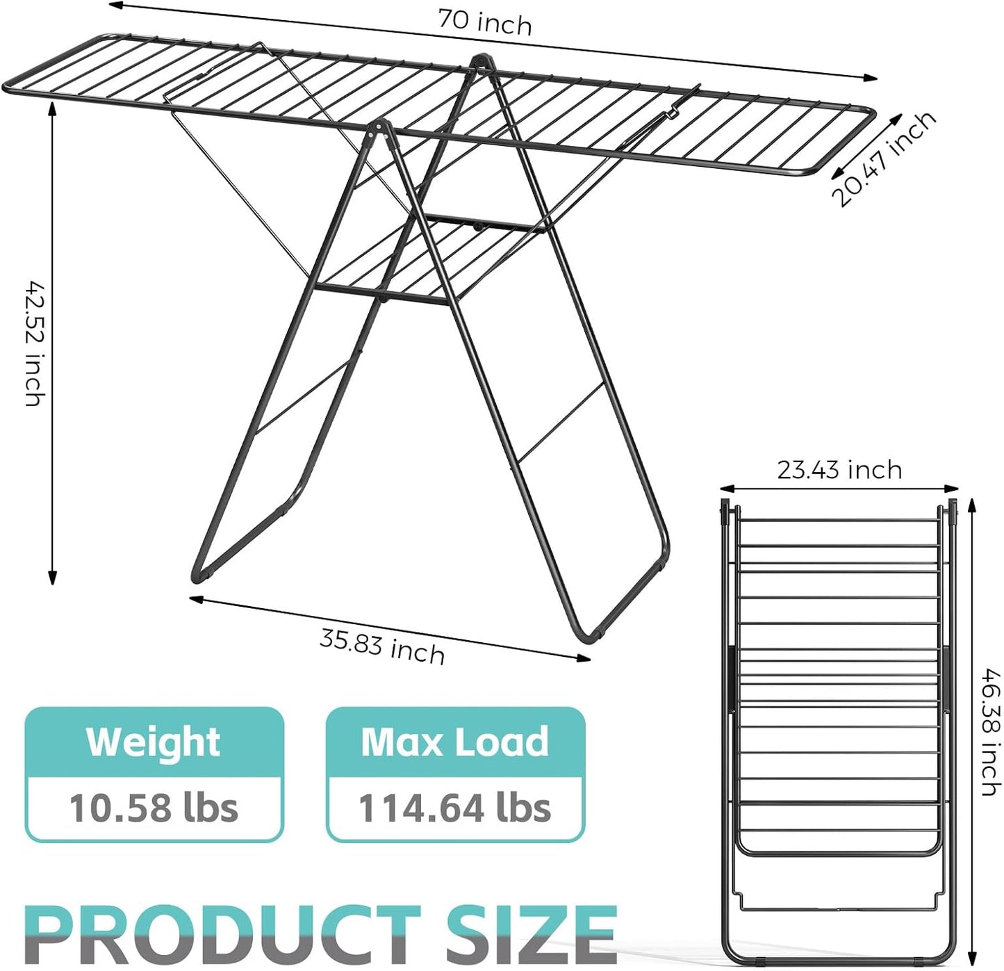 APEXCHASER Clothes Drying Rack, Oversized Drying Rack Clothing with Height-Adjustable, Foldable Gullwings Metal Laundry Rack, Indoor Outdoor Use, No Assembly, Black - NestledHome