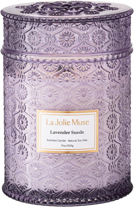LA JOLIE MUSE Lavender Suede Candle – Eucalyptus, Lavender & Sandalwood 19 oz Large Wooden Wick Candle | Natural Soy Wax | 90 Hours Clean Burn | Aromatherapy Candle for Relaxation - NestledHome