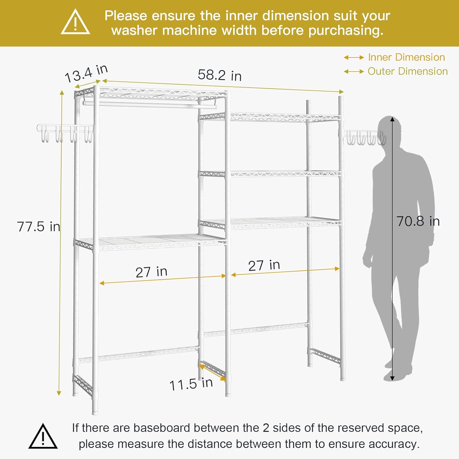 Ulif U5 Over the Washer and Dryer Storage Shelf, Laundry Room Space Saver Bathroom Storage and Organizer Rack for Hanging Towels and Drying Clothes with 5 Wire Shelves, 58.2"W x 13.4"D x 77.5"H, White - NestledHome