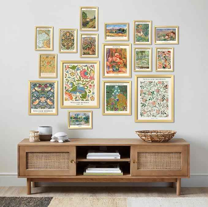 ANERZA 16 PCS Gold Framed Vintage Eclectic Wall Art Decor, William Morris Wall Prints for Bedroom, Gallery Wall Frame Set, Posters for Living Room Aesthetic, Collage Kit, Colorful Dorm Home Artwork