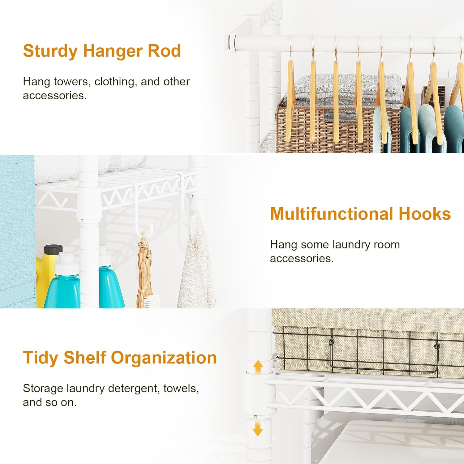 U14 Over Washer and Dryer Storage Shelves, 4 Tiers Laundry Room Storage and Organizer System, Space Saving Clothes Drying Rack with 2 Clothes Hanger Rods, 66.5" W x 20.5" D x 77.4" H, White - NestledHome
