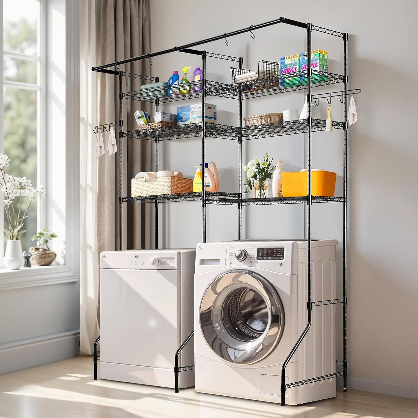 VEVOR Over The Washer and Dryer Storage Shelf, 6 Tier Laundry Room Drying Rack with Hanger Rod and Hooks, Adjustable Over Washer and Dryer Shelves, Laundry Room Shelf Storage Space Saver, Black - NestledHome