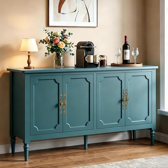 RoyalCraft 59" Buffet Cabinet with Storage, Vintage Sideboard with Adjustable Shelves & Carved Handle, Mid Century Modern Painted Credenza Coffee Bar for Kitchen, Dining Room, Turquoise Blue