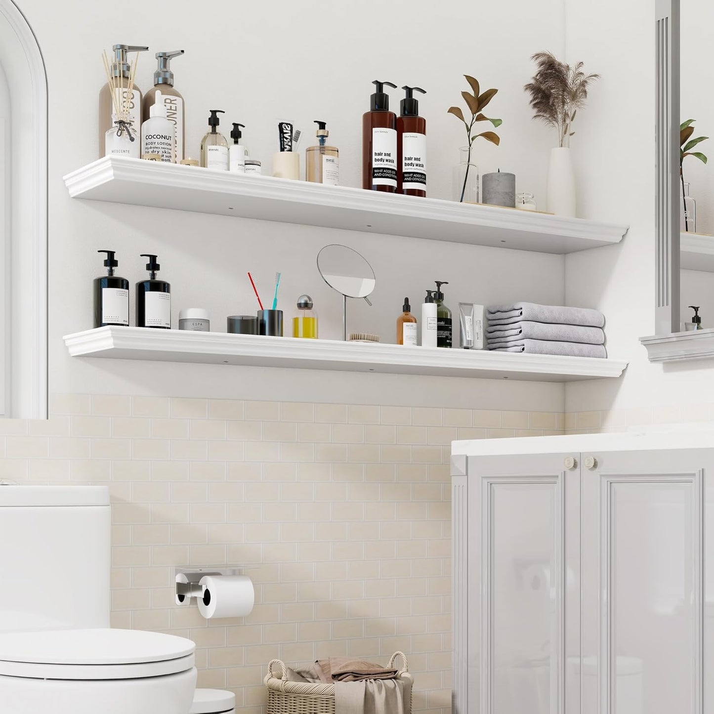 Floating Shelves for Wall, 55 Inch Long Wall Mounted White Hanging Shelf for Kitchen, Living Room, Office, Bedroom, Bathroom, Retro Vintage Wood Bookshelf for House Decor - NestledHome