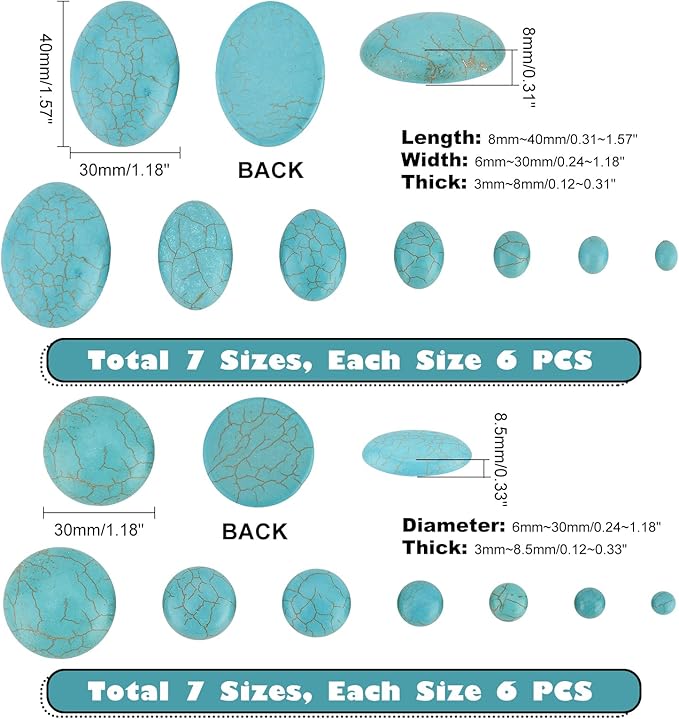 PH PandaHall 84pcs Synthetic Turquoise Stone Cabochons, 7 Sizes Blue Texture Gemstone Tiles Oval Flat Round Dome Bead Stone Cabochon Tile for Bracelet Necklace Earrings Cameo Jewelry Making, 6~40mm