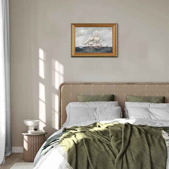 uniro Vintage Gold Framed Wall Art for Home Decor, Farmhouse Wall Decor Seascape Canvas Artwork, Antique Sailing Ship Wall Art Picture, Rustic Vintage Sailboat Art Prints Aesthetic Picture for Bedroom, Living Room, Desktop Decor- 11x14Inch
