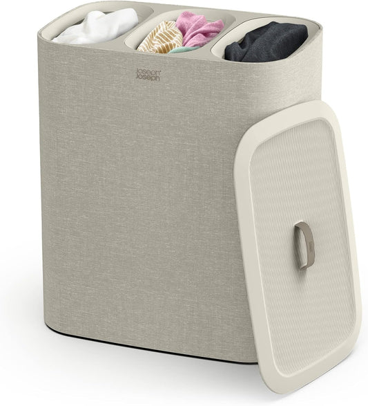 Joseph Joseph Tota Trio 90 liter/23.8 gallon Laundry Hamper Separation Basket with lid, 3 Removable Washing Bags with Handles- Ecru - NestledHome