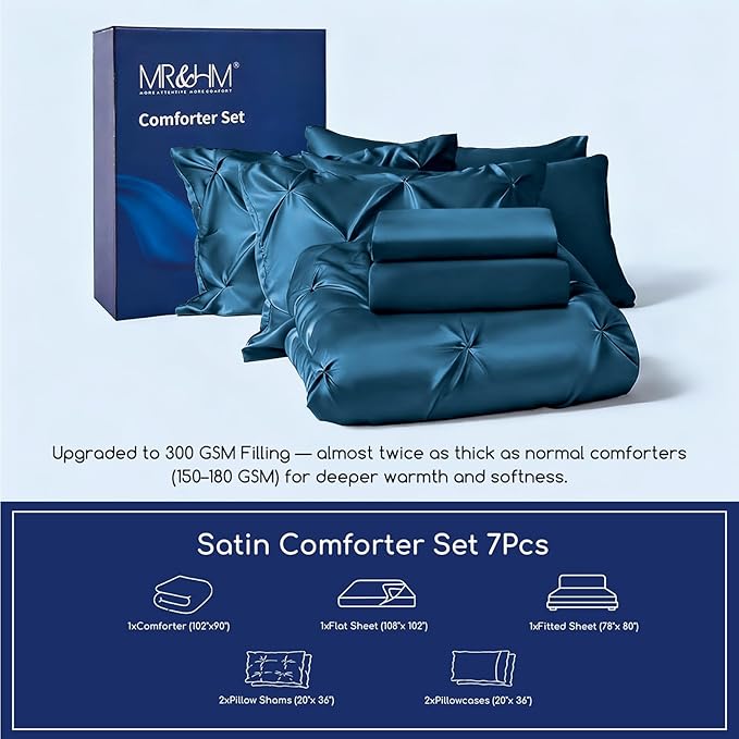 MR&HM Satin Comforter King 7 Pieces - Luxurious Pinch Pleat Bedding Set with Comforter, Flat Sheet, Fitted Sheet, Pillowcases & Shams, Super Silky Soft Bed Set for All Season (King, Teal)