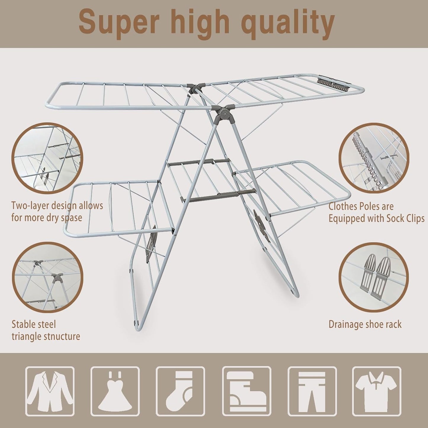 Large Capacity Double Drying Rack, Folding Rustproof Drying Rack with Non-Slip Clips and Drainage Shoe Rack, Height Adjustable, Airy and Quick Drying, Suitable for Balcony and Outdoor Use - NestledHome