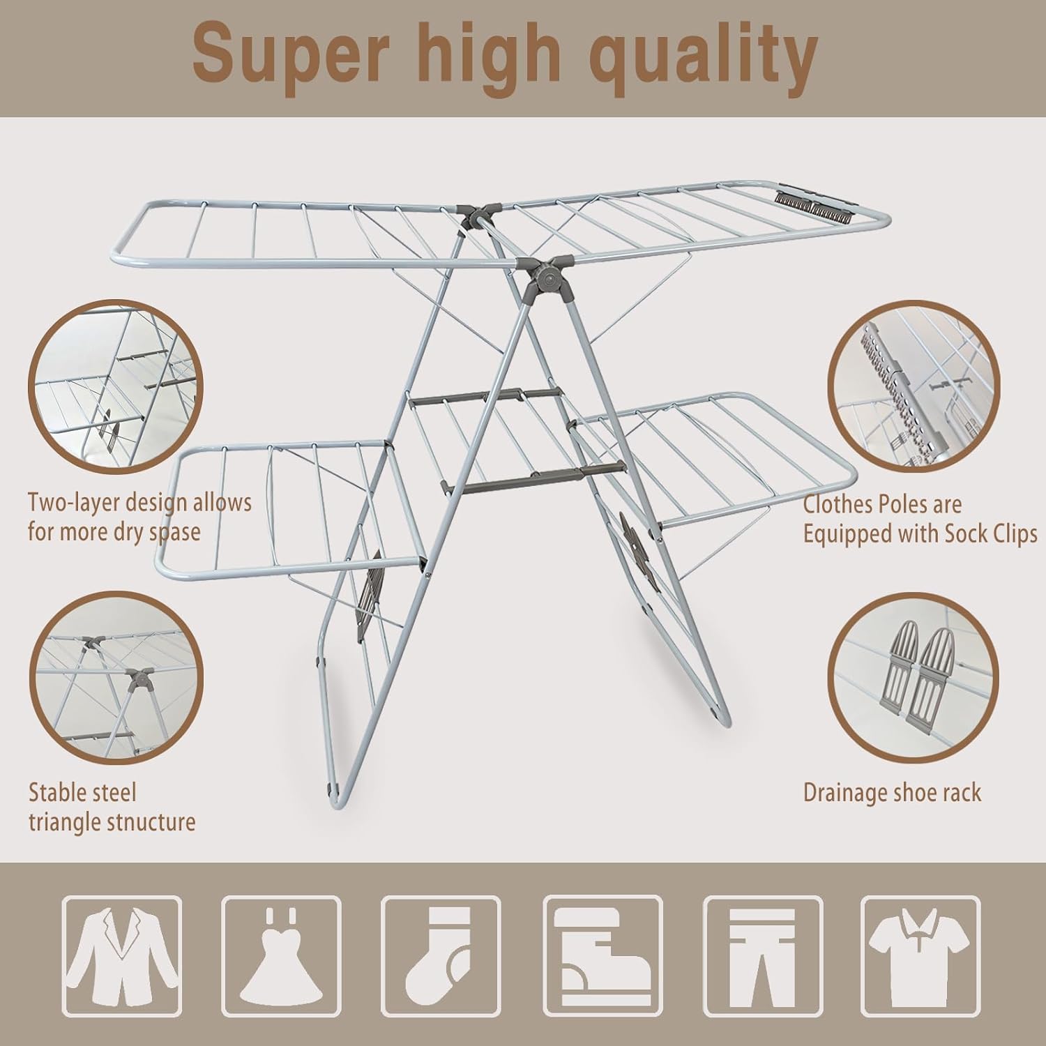Large Capacity Double Drying Rack, Folding Rustproof Drying Rack with Non-Slip Clips and Drainage Shoe Rack, Height Adjustable, Airy and Quick Drying, Suitable for Balcony and Outdoor Use - NestledHome
