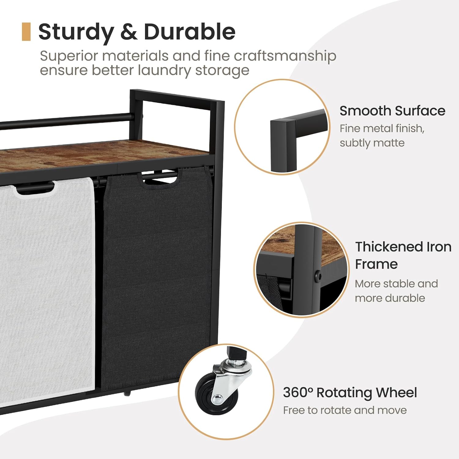 Laundry Hamper, Laundry Basket, Laundry Sorter with 2 Removable Bags, Clothes Basket with 2 Compartments, Wheels, Shelf for Laundry Room Bathroom Bedroom (2 Bags-Black Grey) - NestledHome