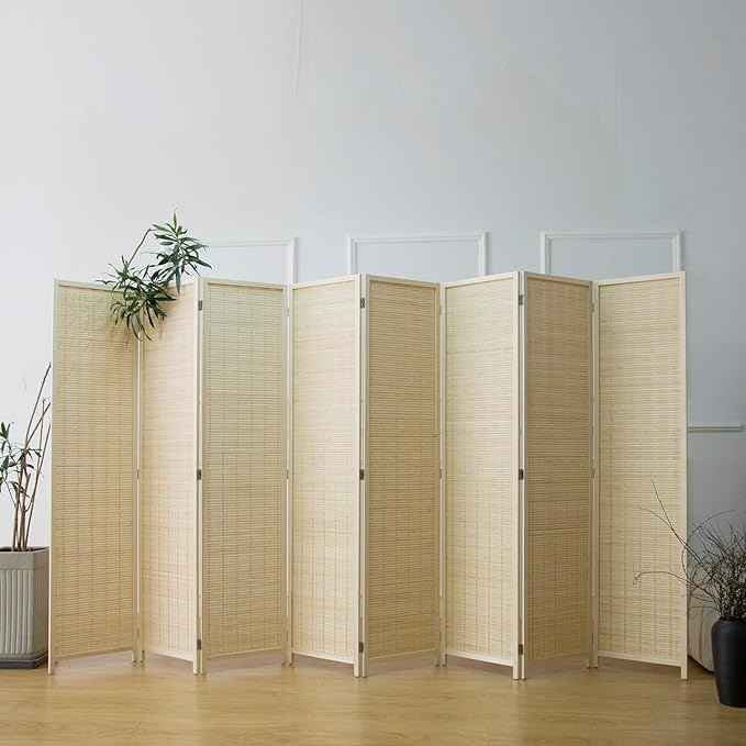 8 Panel Bamboo Room Divider - 5.6 ft Tall Folding Privacy Screen, Natural Beige Freestanding Partition Wall (67" x 122.8", 8-Panel)