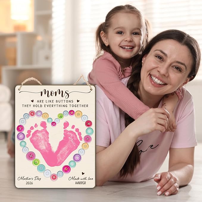 DIY Mothers Day Footprint Craft Button Heart Hanging Sign for Mom Sewing, Baby First Mothers Day Keepsake Gifts for 1st New Mom Crafts, Moms are Like Buttons Footprint Birthday Gift for Seamstress Mom